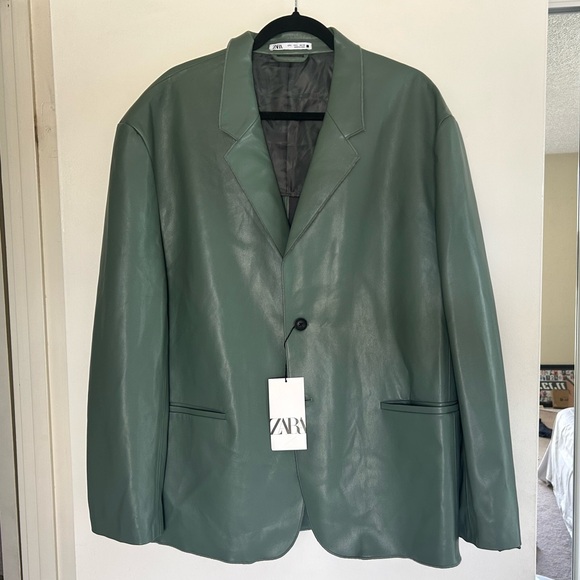 Zara Green Faux Leather Blazer NWT Size Large - Picture 1 of 5